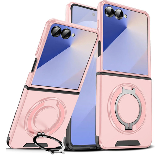 Dual Layer Magnetic Ring Case with Rotating Stand and Privacy Camera Cover for Samsung Galaxy Z Flip 7 - Pink