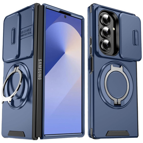 Dual Layer Magnetic Ring Case with Rotating Stand and Privacy Camera Cover for Samsung Galaxy Z Fold 7 - Blue