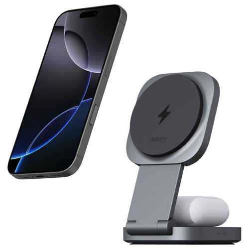 AUKEY MagFusion L Qi2 2-in-1 Foldable MagSafe Magnetic Fast Wireless Charging Station for iPhone and AirPods