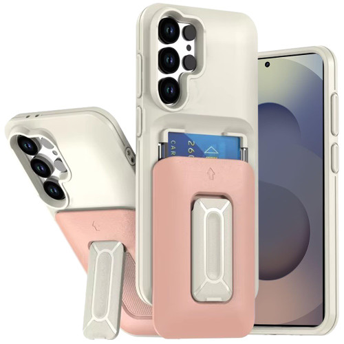 Military Grade All-In-One Hybrid Case with Card Pocket, Kickstand and Hand Strap for Samsung Galaxy S25 Ultra - Beige Pink
