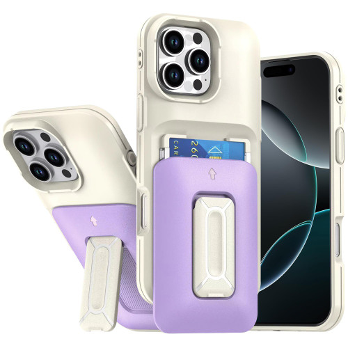 Military Grade All-In-One Hybrid Case with Card Pocket, Kickstand and Hand Strap for iPhone 16 Pro Max - Beige Purple