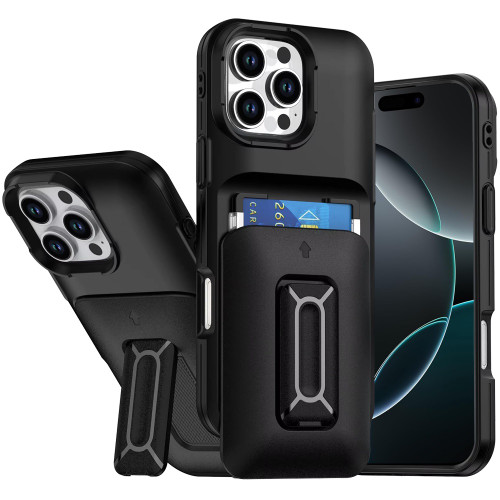 Military Grade All-In-One Hybrid Case with Card Pocket, Kickstand and Hand Strap for iPhone 16 Pro Max - Black