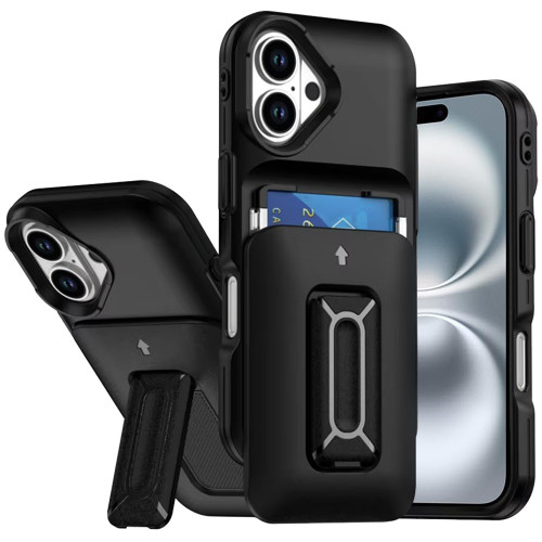 Military Grade All-In-One Hybrid Case with Card Pocket, Kickstand and Hand Strap for iPhone 16 - Black