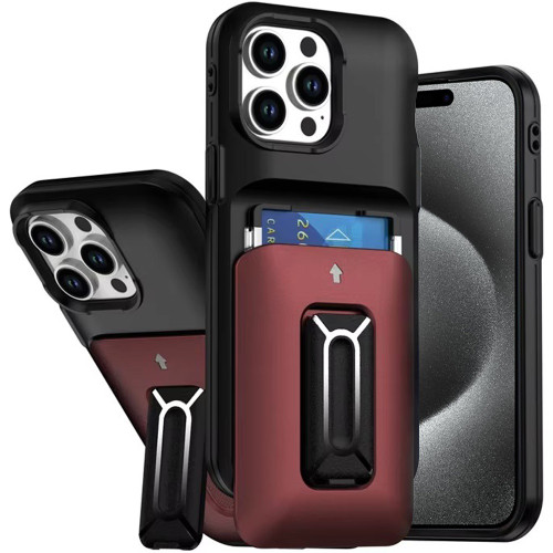 Military Grade All-In-One Hybrid Case with Card Pocket, Kickstand and Hand Strap for iPhone 15 Pro Max - Black Red