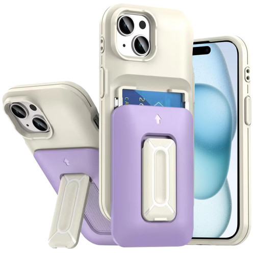 Military Grade All-In-One Hybrid Case with Card Pocket, Kickstand and Hand Strap for iPhone 15 - Beige Purple
