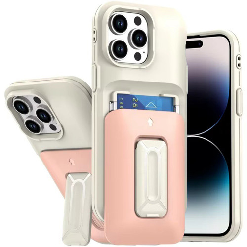Military Grade All-In-One Hybrid Case with Card Pocket, Kickstand and Hand Strap for iPhone 14 Pro Max - Beige Pink