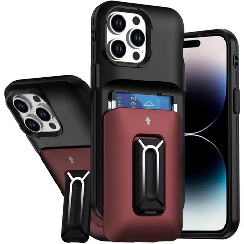 Military Grade All-In-One Hybrid Case with Card Pocket, Kickstand and Hand Strap for iPhone 14 Pro Max - Black Red