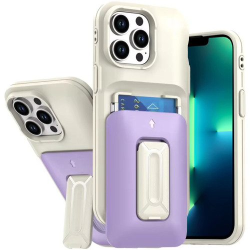 Military Grade All-In-One Hybrid Case with Card Pocket, Kickstand and Hand Strap for iPhone 13 Pro Max - Beige Purple