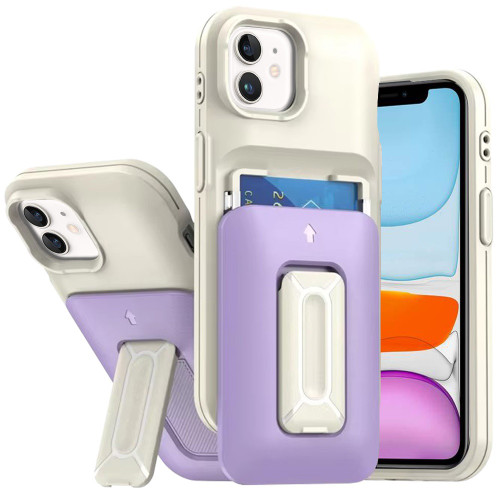 Military Grade All-In-One Hybrid Case with Card Pocket, Kickstand and Hand Strap for iPhone 11 - Beige Purple