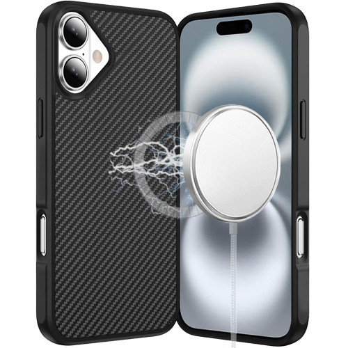 Carbon Fiber Series MagSafe Hybrid Case for iPhone 16 - Black