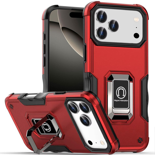 Military Grade Shockproof Hybrid Armor Case with Ring Grip for iPhone 17 Pro Max - Red