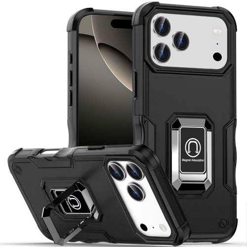 Military Grade Shockproof Hybrid Armor Case with Ring Grip for iPhone 17 Pro - Black