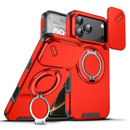 Dual Layer Magnetic Ring Case with Rotating Stand and Privacy Camera Cover for iPhone 17 Pro - Red