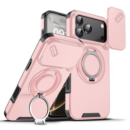 Dual Layer Magnetic Ring Case with Rotating Stand and Privacy Camera Cover for iPhone 17 Pro - Pink