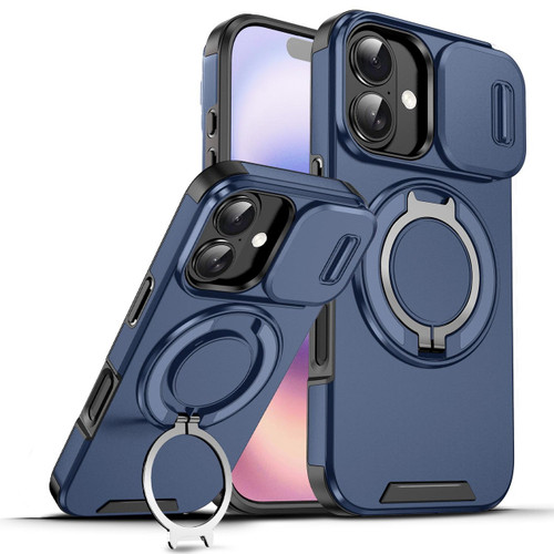Dual Layer Magnetic Ring Case with Rotating Stand and Privacy Camera Cover for iPhone 17 - Blue