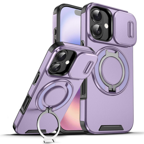 Dual Layer Magnetic Ring Case with Rotating Stand and Privacy Camera Cover for iPhone 17 - Purple