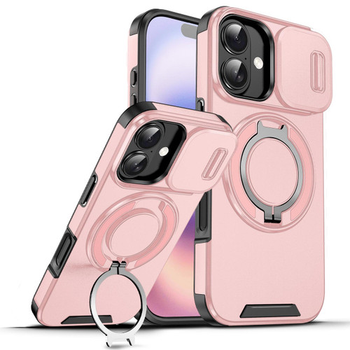 Dual Layer Magnetic Ring Case with Rotating Stand and Privacy Camera Cover for iPhone 17 - Pink