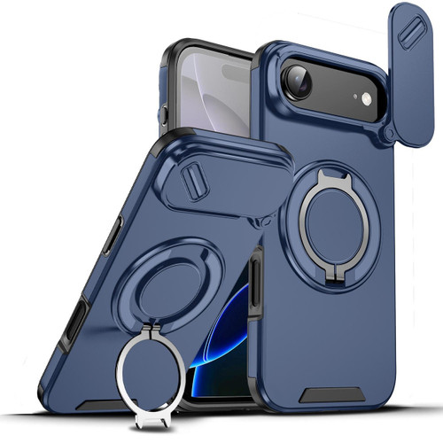 Dual Layer Magnetic Ring Case with Rotating Stand and Privacy Camera Cover for iPhone Air - Blue