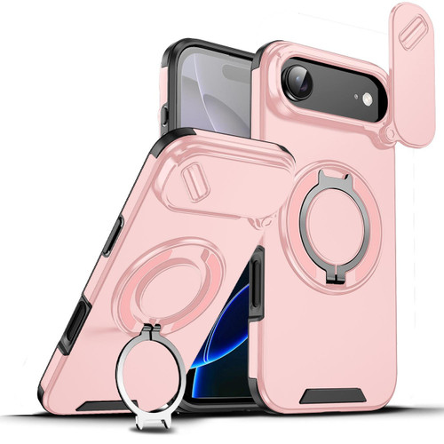 Dual Layer Magnetic Ring Case with Rotating Stand and Privacy Camera Cover for iPhone Air - Pink