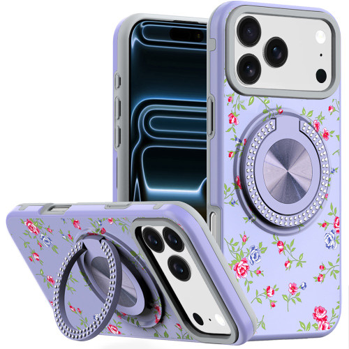 Circular Series Hybrid Case with Rotating Ring Stand for iPhone 17 Pro Max - Flowers Purple