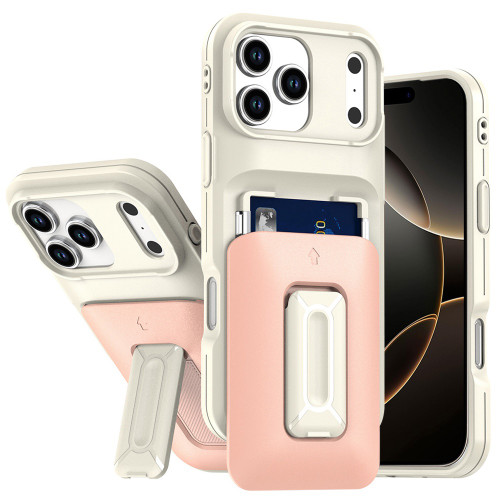 Military Grade All-In-One Hybrid Case with Card Pocket, Kickstand and Hand Strap for iPhone 17 Pro Max - Beige Pink