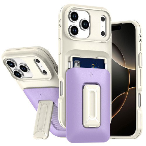 Military Grade All-In-One Hybrid Case with Card Pocket, Kickstand and Hand Strap for iPhone 17 Pro Max - Beige Purple