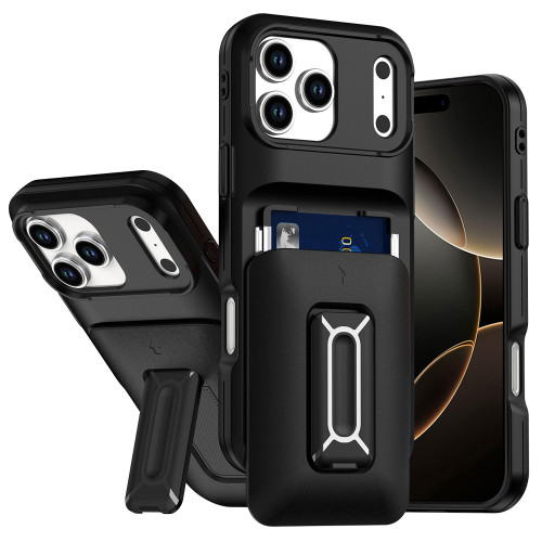 Military Grade All-In-One Hybrid Case with Card Pocket, Kickstand and Hand Strap for iPhone 17 Pro - Black