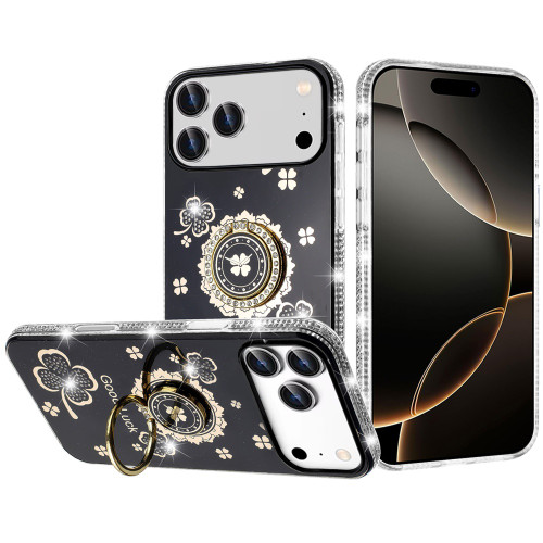Four-Leaf Clover Diamond Rhinestone Case with Ring Grip for iPhone 17 Pro Max - Black