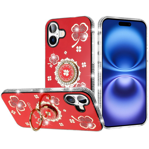 Four-Leaf Clover Diamond Rhinestone Case with Ring Grip for iPhone 17 - Red