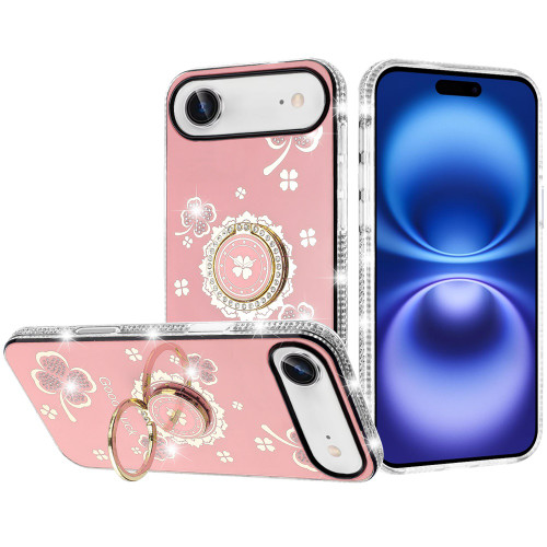 Four-Leaf Clover Diamond Rhinestone Case with Ring Grip for iPhone Air - Pink