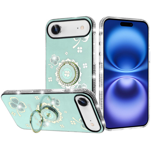 Four-Leaf Clover Diamond Rhinestone Case with Ring Grip for iPhone Air - Teal