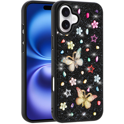 Butterfly Ornaments Diamond Hybrid Case for iPhone 17 - Black