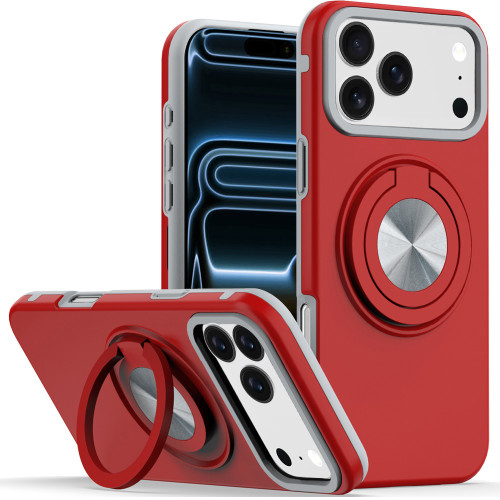 Circular Series Hybrid Case with Rotating Ring Stand for iPhone 17 Pro - Red