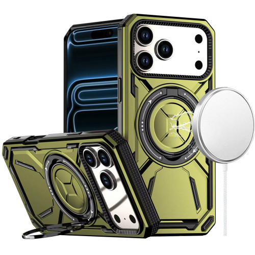 Military Grade MagSafe Hybrid Armor Case with Rotating Kickstand for iPhone 17 Pro - Green