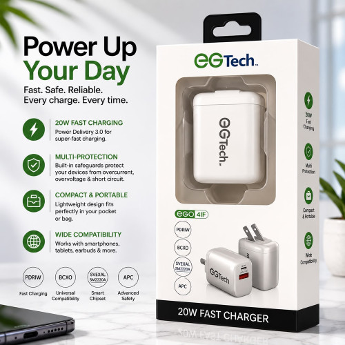 EG Tech Rapid PD 20W 2 Port USB-C and USB-A Wall Charger with Foldable Prongs - White