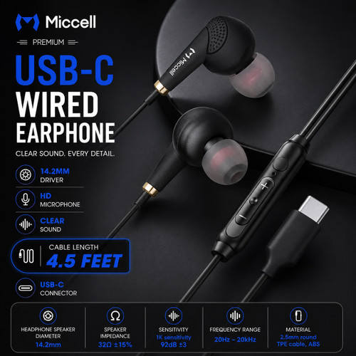 Miccell USB-C Wired Stereo In-Ear Earphones with Mic - Black