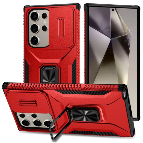 Combat Tough Series Ring Holder Case with Camera Lens Cover for Samsung Galaxy S26 Ultra - Red