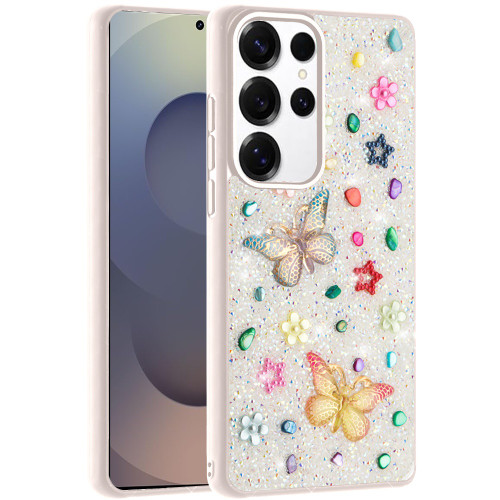 Butterfly Ornaments Diamond Hybrid Case for Samsung Galaxy S26 Ultra - White