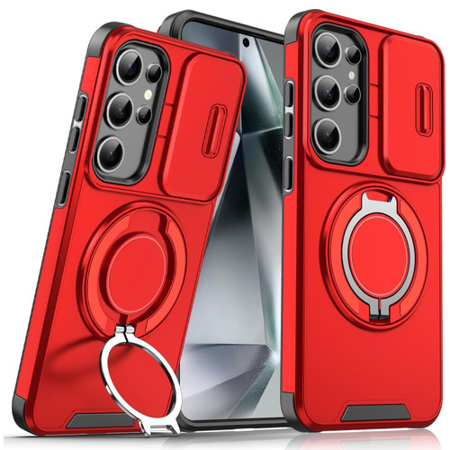 Dual Layer MagSafe Case with Rotating Stand and Privacy Camera Cover for Samsung Galaxy S26 Ultra - Red