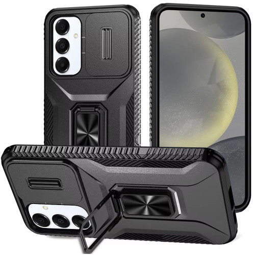 Combat Tough Series Ring Holder Case with Camera Lens Cover for Samsung Galaxy A37 5G - Black