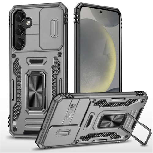Military Grade Ring Holder Case with Camera Lens Cover for Samsung Galaxy S25 FE - Grey
