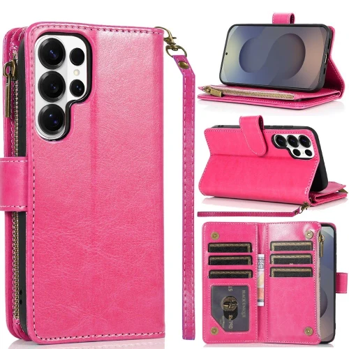 Leather Wallet Case with Zipper Pocket for Samsung Galaxy S26 Ultra - Hot Pink