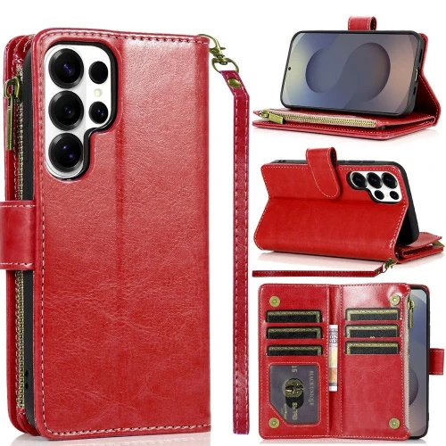 Leather Wallet Case with Zipper Pocket for Samsung Galaxy S26 Ultra - Red