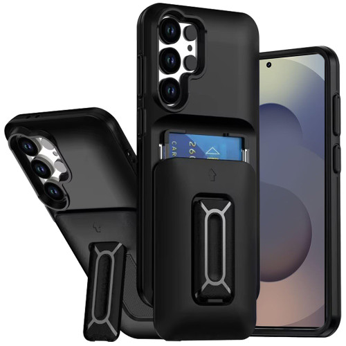 Military Grade All-In-One Hybrid Case with Card Pocket, Kickstand and Hand Strap for Samsung Galaxy S26 Ultra - Black