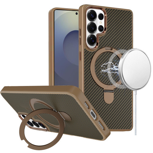 Carbon Fiber Series Magnetic Armor Stand Case for Samsung Galaxy S26 Ultra - Brown
