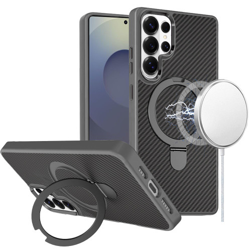 Carbon Fiber Series Magnetic Armor Stand Case for Samsung Galaxy S26 Ultra - Grey