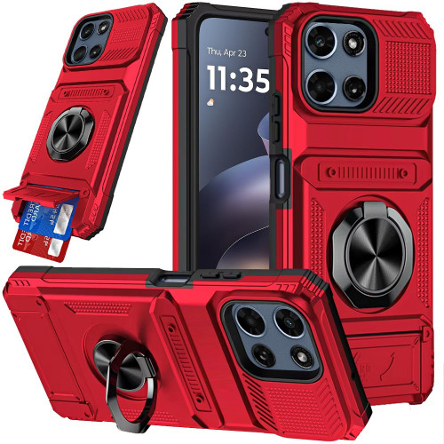 Military Grade All-In-One Ring Stand Case with Card Pocket for Motorola Moto G (2026/2025) / Moto G Play 2026 - Red