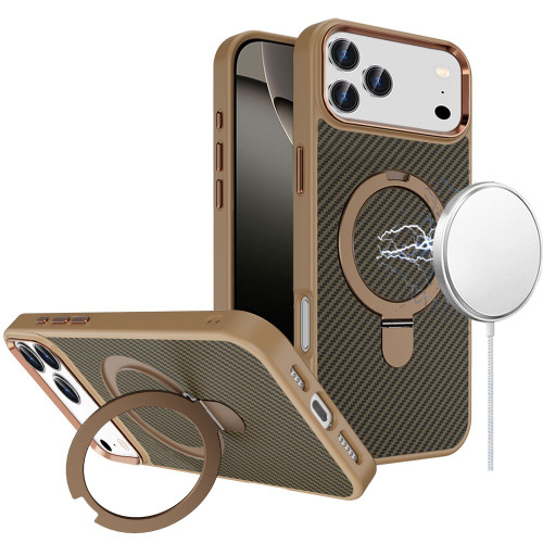 Carbon Fiber Series MagSafe Armor Stand Case for iPhone 17 Pro Max - Brown