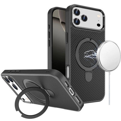 Carbon Fiber Series MagSafe Armor Stand Case for iPhone 17 Pro - Black
