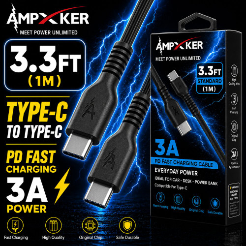 Ampxker 3.3 ft USB-C to USB-C High-Speed Charge & Sync Cable - Black